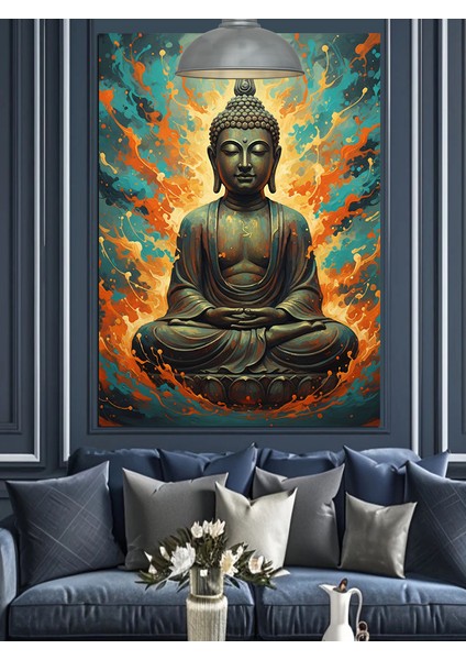 Oturmuş Budha Huzur Figürü Alevli Koyu Fon Dekoratif Kanvas - Mdf Ahşap Tablo fırsatları