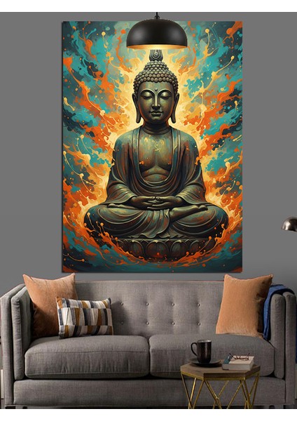 Oturmuş Budha Huzur Figürü Alevli Koyu Fon Dekoratif Kanvas - Mdf Ahşap Tablo indirimleri