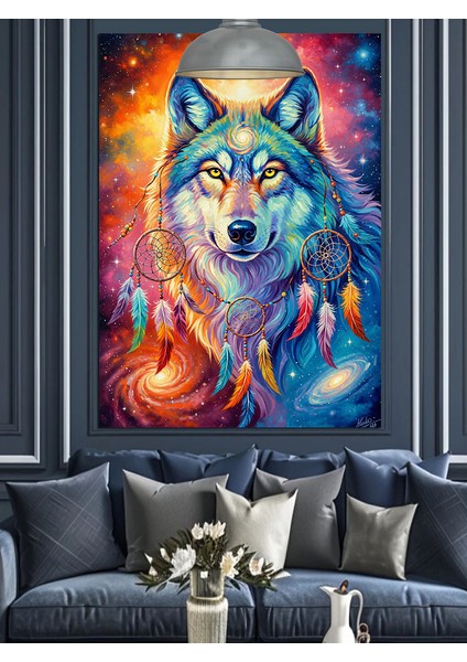 Renkli Sanatsal Kurt Portresi Dekoratif Kanvas - Mdf Ahşap Tablo