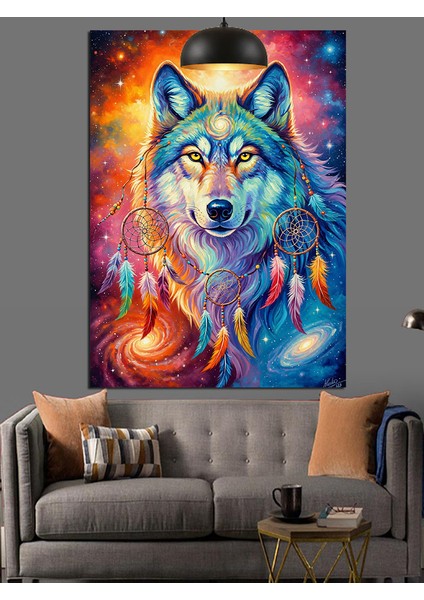Renkli Sanatsal Kurt Portresi Dekoratif Kanvas - Mdf Ahşap Tablo fiyatları