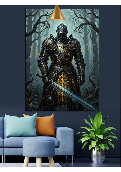 Karanlık Ormanda Zırhlı Şövalye Kılıç Tutuyor Dekoratif Kanvas - Mdf Ahşap Tablo