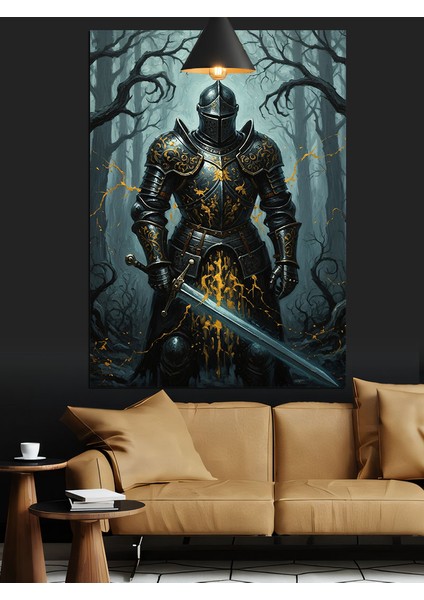 Karanlık Ormanda Zırhlı Şövalye Kılıç Tutuyor Dekoratif Kanvas - Mdf Ahşap Tablo fiyatları