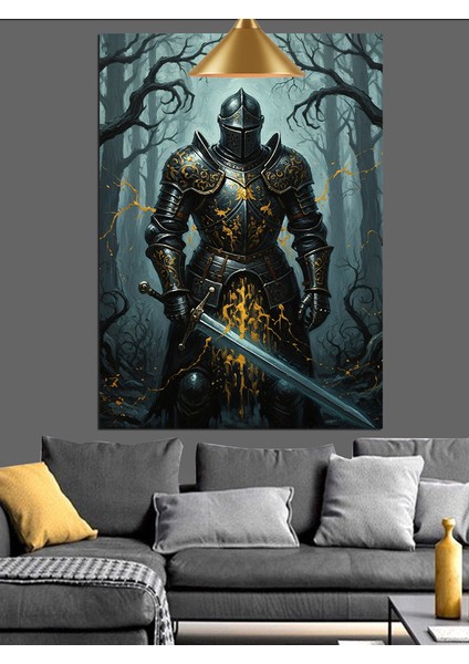 Karanlık Ormanda Zırhlı Şövalye Kılıç Tutuyor Dekoratif Kanvas - Mdf Ahşap Tablo modelleri