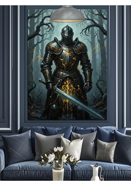 Karanlık Ormanda Zırhlı Şövalye Kılıç Tutuyor Dekoratif Kanvas - Mdf Ahşap Tablo fırsatları