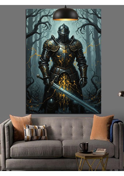 Karanlık Ormanda Zırhlı Şövalye Kılıç Tutuyor Dekoratif Kanvas - Mdf Ahşap Tablo indirimleri