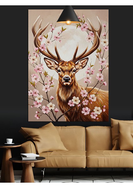 Kiraz Çiçekli Boynuzlu Geyik Dekoratif Kanvas - Mdf Ahşap Tablo