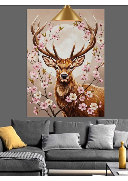 Kiraz Çiçekli Boynuzlu Geyik Dekoratif Kanvas - Mdf Ahşap Tablo fiyatları