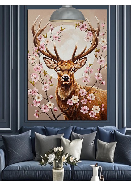 Kiraz Çiçekli Boynuzlu Geyik Dekoratif Kanvas - Mdf Ahşap Tablo modelleri