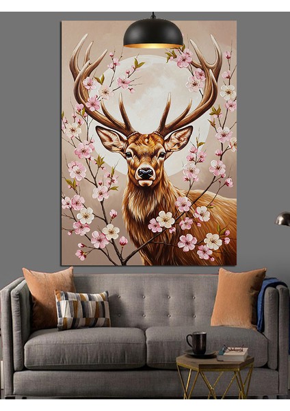 Kiraz Çiçekli Boynuzlu Geyik Dekoratif Kanvas - Mdf Ahşap Tablo fırsatları