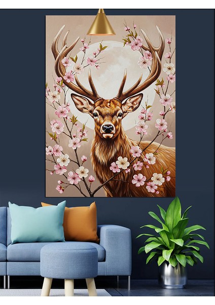 Kiraz Çiçekli Boynuzlu Geyik Dekoratif Kanvas - Mdf Ahşap Tablo indirimleri