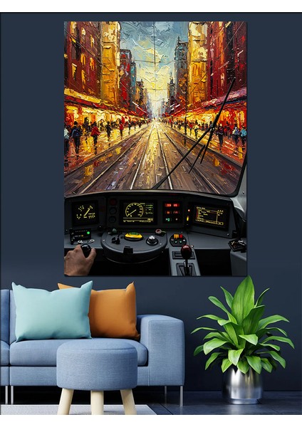 Yağmurlu Şehir Caddesi Işıklar Tranvaydan Dekoratif Kanvas - Mdf Ahşap Tablo