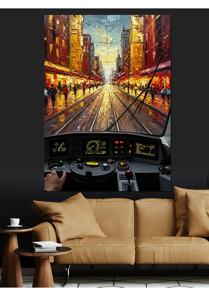 Yağmurlu Şehir Caddesi Işıklar Tranvaydan Dekoratif Kanvas - Mdf Ahşap Tablo fiyatları