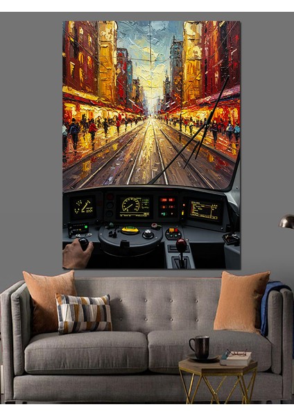 Yağmurlu Şehir Caddesi Işıklar Tranvaydan Dekoratif Kanvas - Mdf Ahşap Tablo modelleri