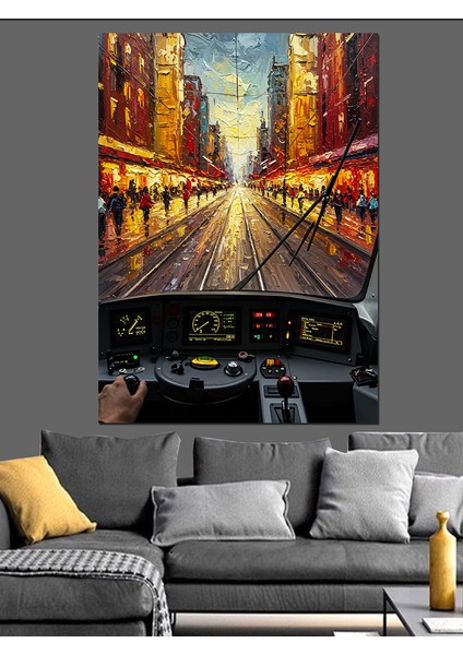 Yağmurlu Şehir Caddesi Işıklar Tranvaydan Dekoratif Kanvas - Mdf Ahşap Tablo fırsatları