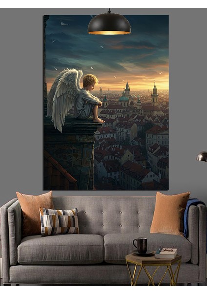 Yüksekten Şehri Izleyen Kanatlı Melek Figürü Çizim Dekoratif Kanvas - Mdf Ahşap Tablo