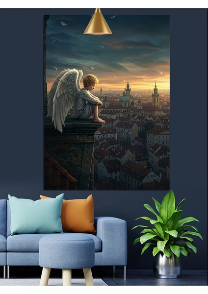 Yüksekten Şehri Izleyen Kanatlı Melek Figürü Çizim Dekoratif Kanvas - Mdf Ahşap Tablo fiyatları