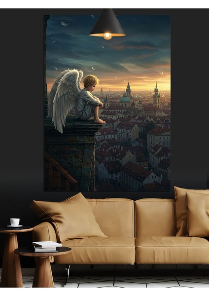 Yüksekten Şehri Izleyen Kanatlı Melek Figürü Çizim Dekoratif Kanvas - Mdf Ahşap Tablo modelleri