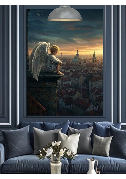 Yüksekten Şehri Izleyen Kanatlı Melek Figürü Çizim Dekoratif Kanvas - Mdf Ahşap Tablo indirimleri