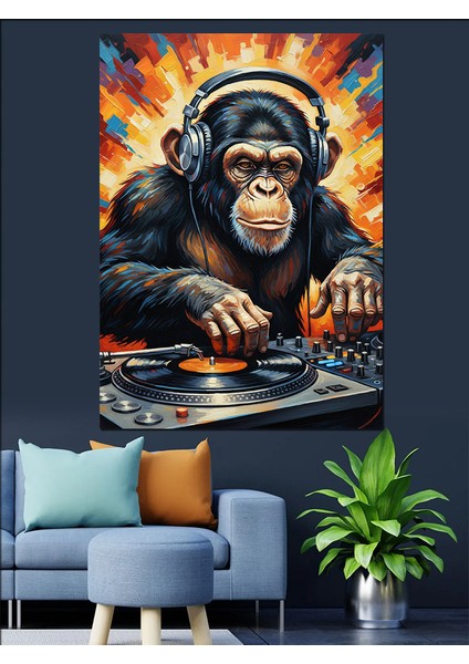 Dj Şempanze Hayvan Portresi Dekoratif Kanvas - Mdf Ahşap Tablo