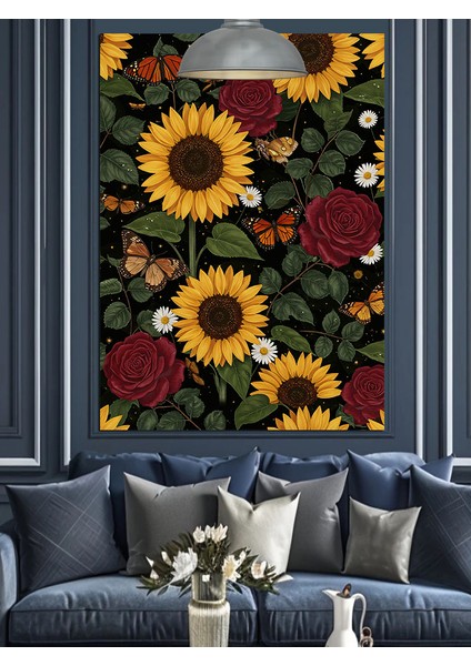 Ayçiçeği Kırmızı Güller Dekoratif Kanvas - Mdf Ahşap Tablo