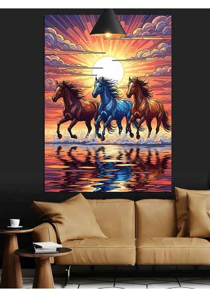 Çölde Koşan At Sürüsü Yansımalı Dekoratif Kanvas - Mdf Ahşap Tablo