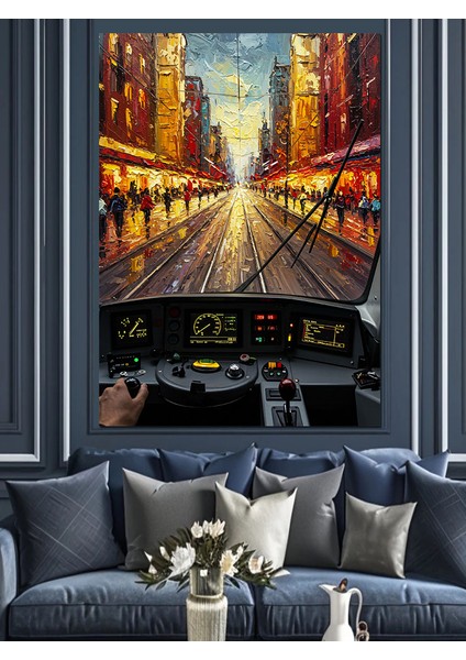Yağmurlu Şehir Caddesi Işıklar Tranvaydan Dekoratif Kanvas - Mdf Ahşap Tablo indirimleri