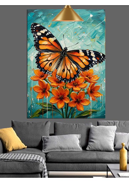 Turuncu Kelebek ve Çiçekler Dekoratif Kanvas - Mdf Ahşap Tablo