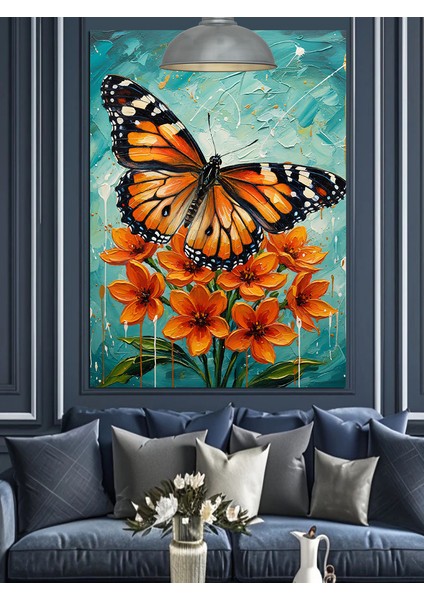 Turuncu Kelebek ve Çiçekler Dekoratif Kanvas - Mdf Ahşap Tablo fiyatları