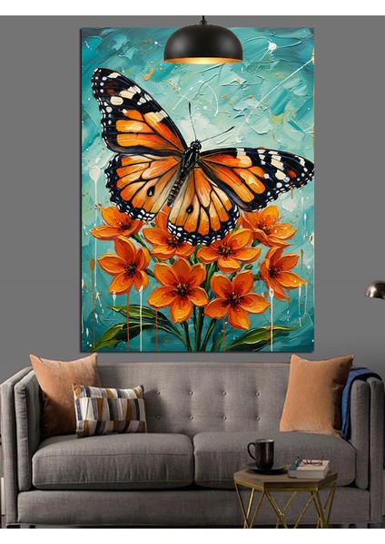 Turuncu Kelebek ve Çiçekler Dekoratif Kanvas - Mdf Ahşap Tablo modelleri