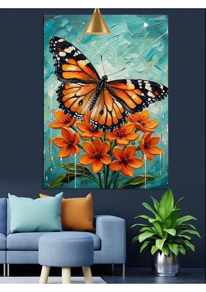 Turuncu Kelebek ve Çiçekler Dekoratif Kanvas - Mdf Ahşap Tablo fırsatları
