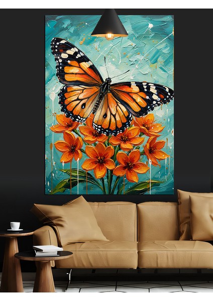 Turuncu Kelebek ve Çiçekler Dekoratif Kanvas - Mdf Ahşap Tablo indirimleri