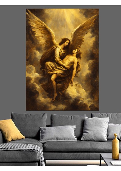 Altın Kanatlı Melek Figürü Dekoratif Kanvas - Mdf Ahşap Tablo