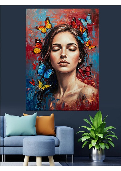 Kelebek Taçlı Kadın Portresi Dekoratif Kanvas - Mdf Ahşap Tablo