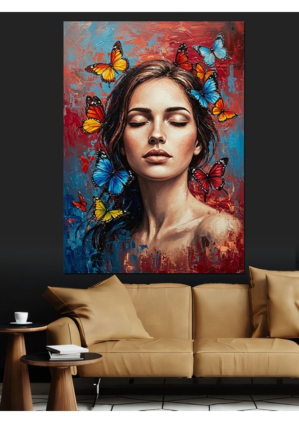 Kelebek Taçlı Kadın Portresi Dekoratif Kanvas - Mdf Ahşap Tablo fiyatları