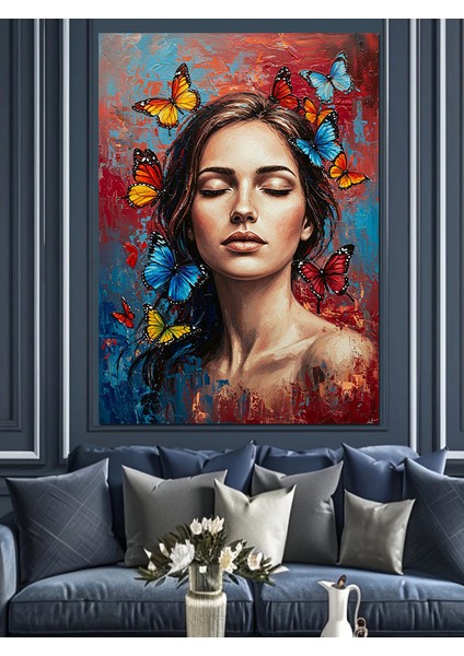 Kelebek Taçlı Kadın Portresi Dekoratif Kanvas - Mdf Ahşap Tablo indirimleri