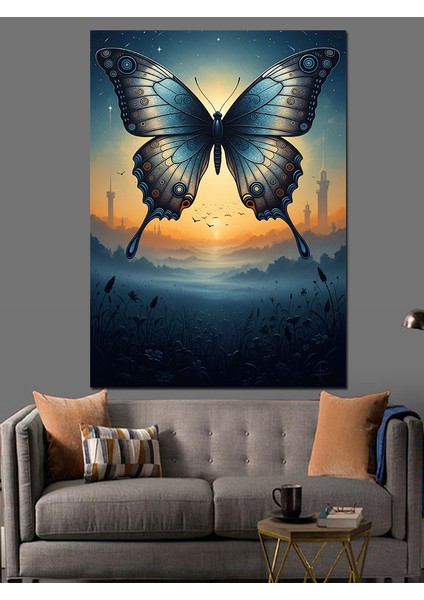 Mavi Kelebek Gün Batımı Manzara Dekoratif Kanvas - Mdf Ahşap Tablo