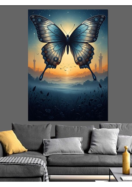 Mavi Kelebek Gün Batımı Manzara Dekoratif Kanvas - Mdf Ahşap Tablo fiyatları