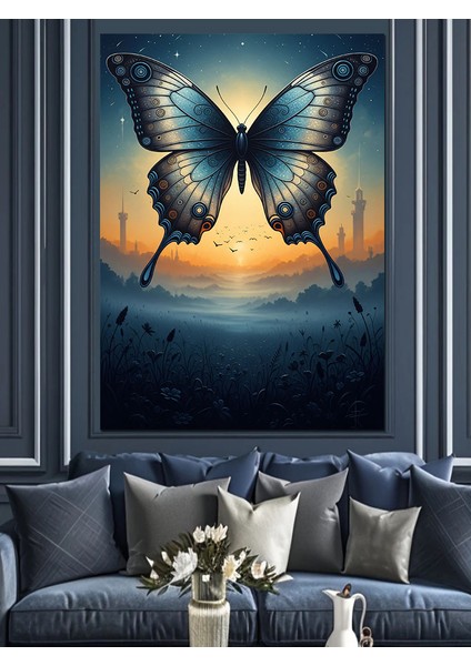 Mavi Kelebek Gün Batımı Manzara Dekoratif Kanvas - Mdf Ahşap Tablo modelleri