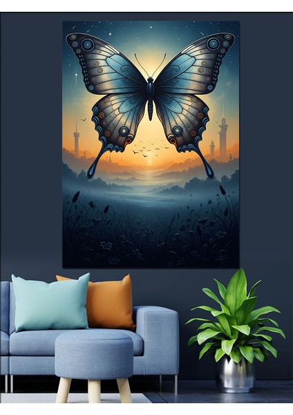 Mavi Kelebek Gün Batımı Manzara Dekoratif Kanvas - Mdf Ahşap Tablo fırsatları