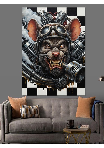 Damalı Motorcu Fare Başı Piston Dekoratif Kanvas - Mdf Ahşap Tablo