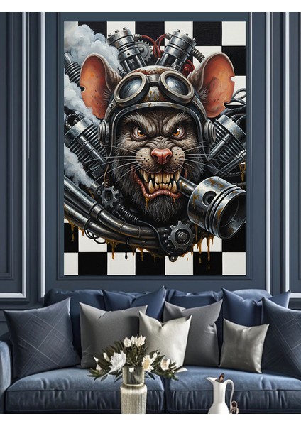 Damalı Motorcu Fare Başı Piston Dekoratif Kanvas - Mdf Ahşap Tablo modelleri