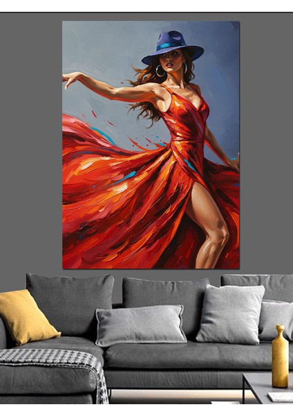 Kırmızı Elbiseli Dans Eden Kadın Dekoratif Kanvas - Mdf Ahşap Tablo