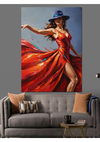 Kırmızı Elbiseli Dans Eden Kadın Dekoratif Kanvas - Mdf Ahşap Tablo indirimleri