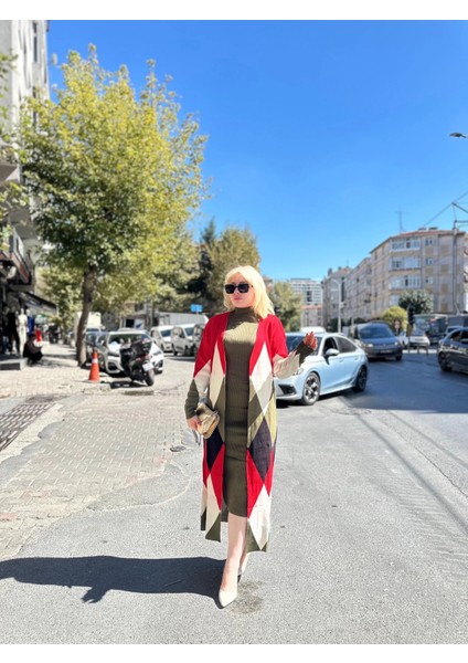 Uzun Hırka Içi Elbise Ikili Triko Takım Ekose Baklava Desen Haki Kırmızı indirimleri