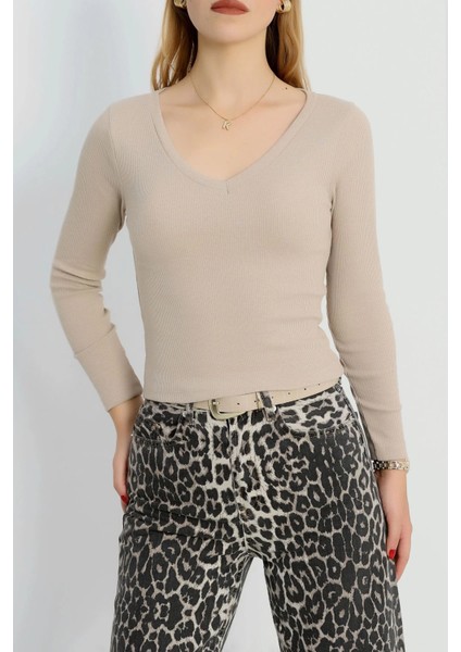 V Yaka Kaşkorse Bluz Bej indirimleri