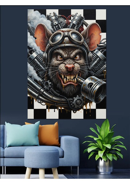 Damalı Motorcu Fare Başı Piston Dekoratif Kanvas - Mdf Ahşap Tablo fırsatları