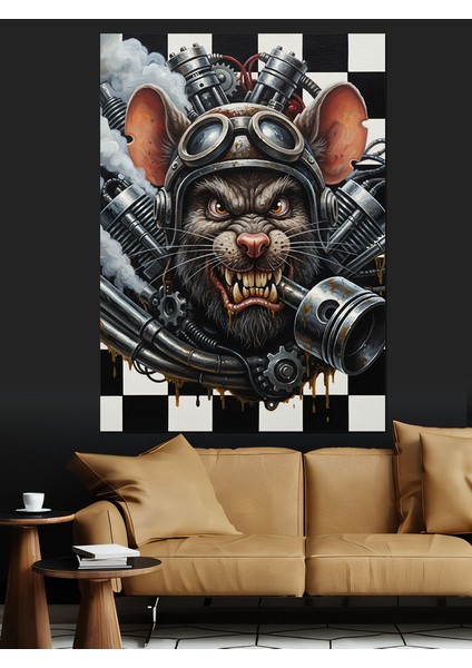 Damalı Motorcu Fare Başı Piston Dekoratif Kanvas - Mdf Ahşap Tablo indirimleri
