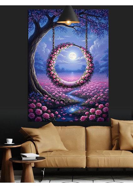 Orman ve Çiçek Temalı Pembe Halka Salıncak Dekoratif Kanvas - Mdf Ahşap Tablo