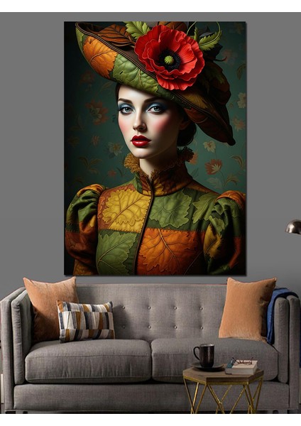 Şapkalı Vintage Kadın Portresi Dekoratif Kanvas - Mdf Ahşap Tablo