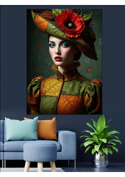 Şapkalı Vintage Kadın Portresi Dekoratif Kanvas - Mdf Ahşap Tablo fırsatları